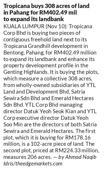 Tropicana buys 308 acres of land in Pahang to expand its landbank