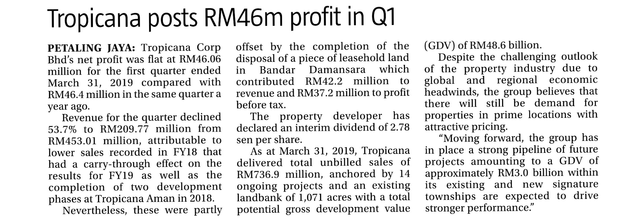 Tropicana posts RM46m profit in Q1