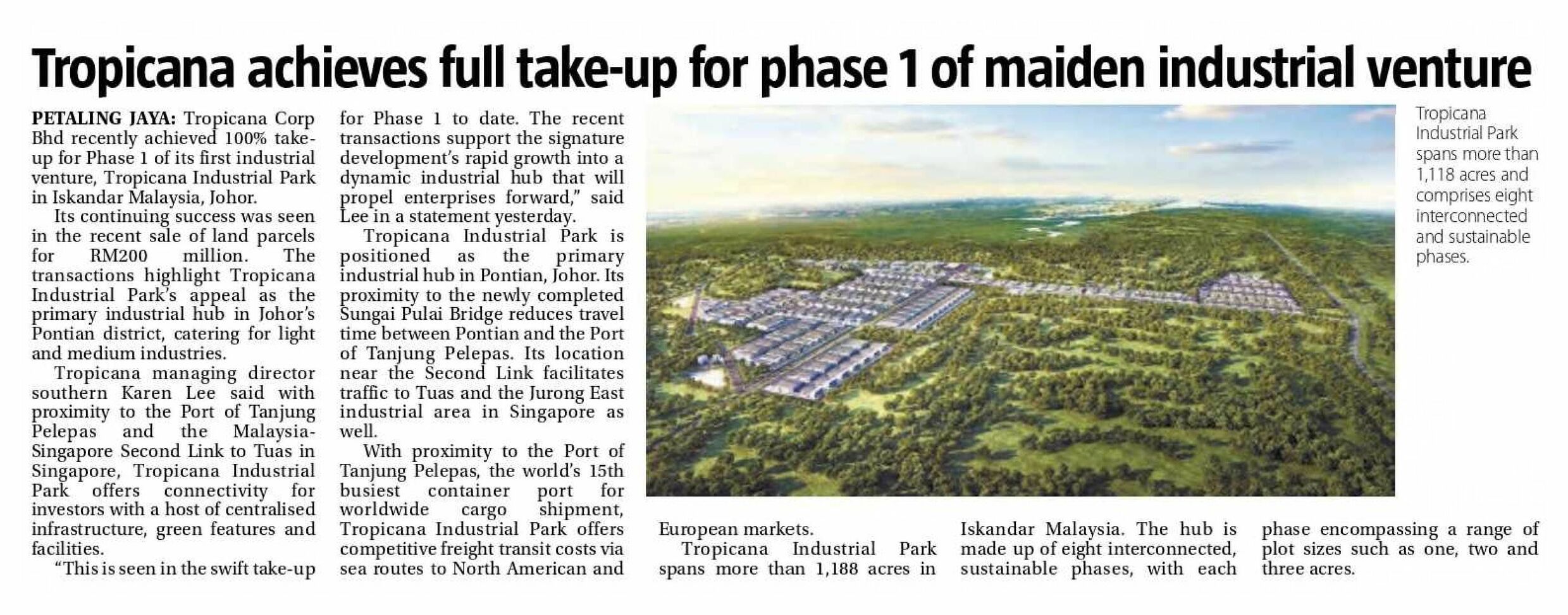 2022-10-20 The Sun - Tropicana Achieves Full Take-up For Phase 1 of Maiden Industrial Venture