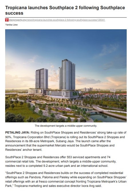 2023-09-07 Star Property Online - Tropicana launches Southplace 2 following Southplace success