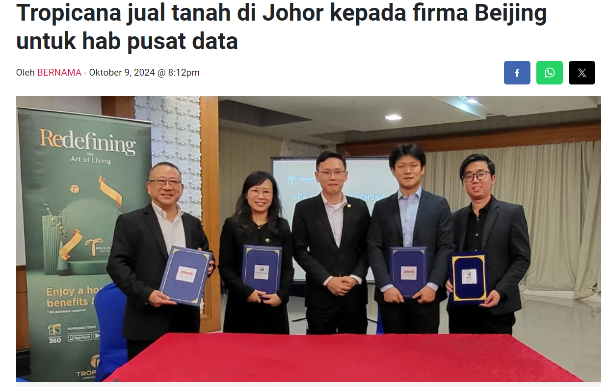 2024-10-09 Berita Harian Online - Tropicana jual tanah di Johor kepada firma Beijing untuk hab pusat data