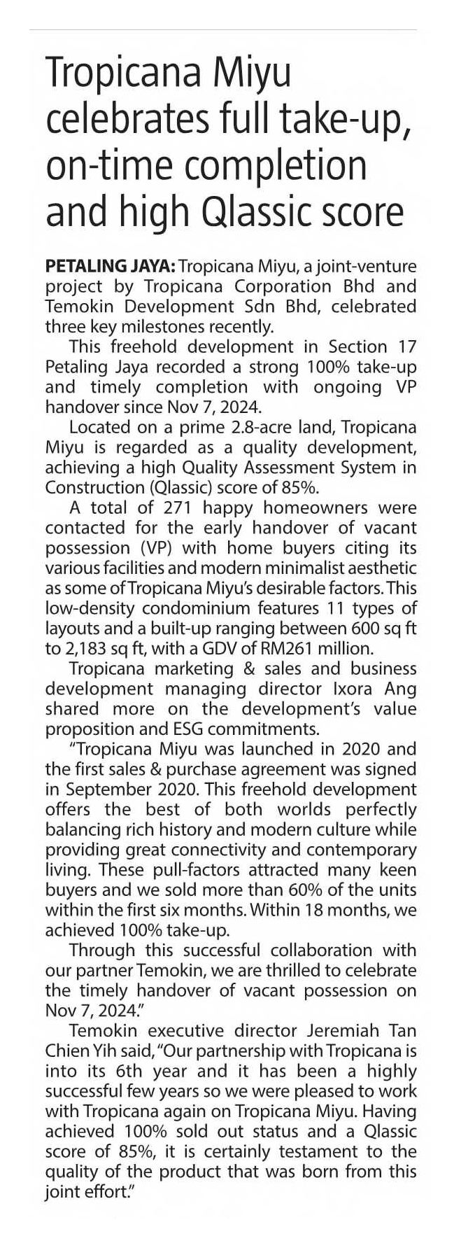 2025-02-20 The Sun - Tropicana Miyu Celebrates full take-up, on-time completion and high Qlassic score