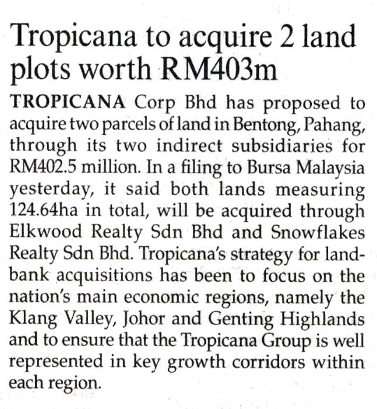 Tropicana to acquire 2 land plots worth RM403mil