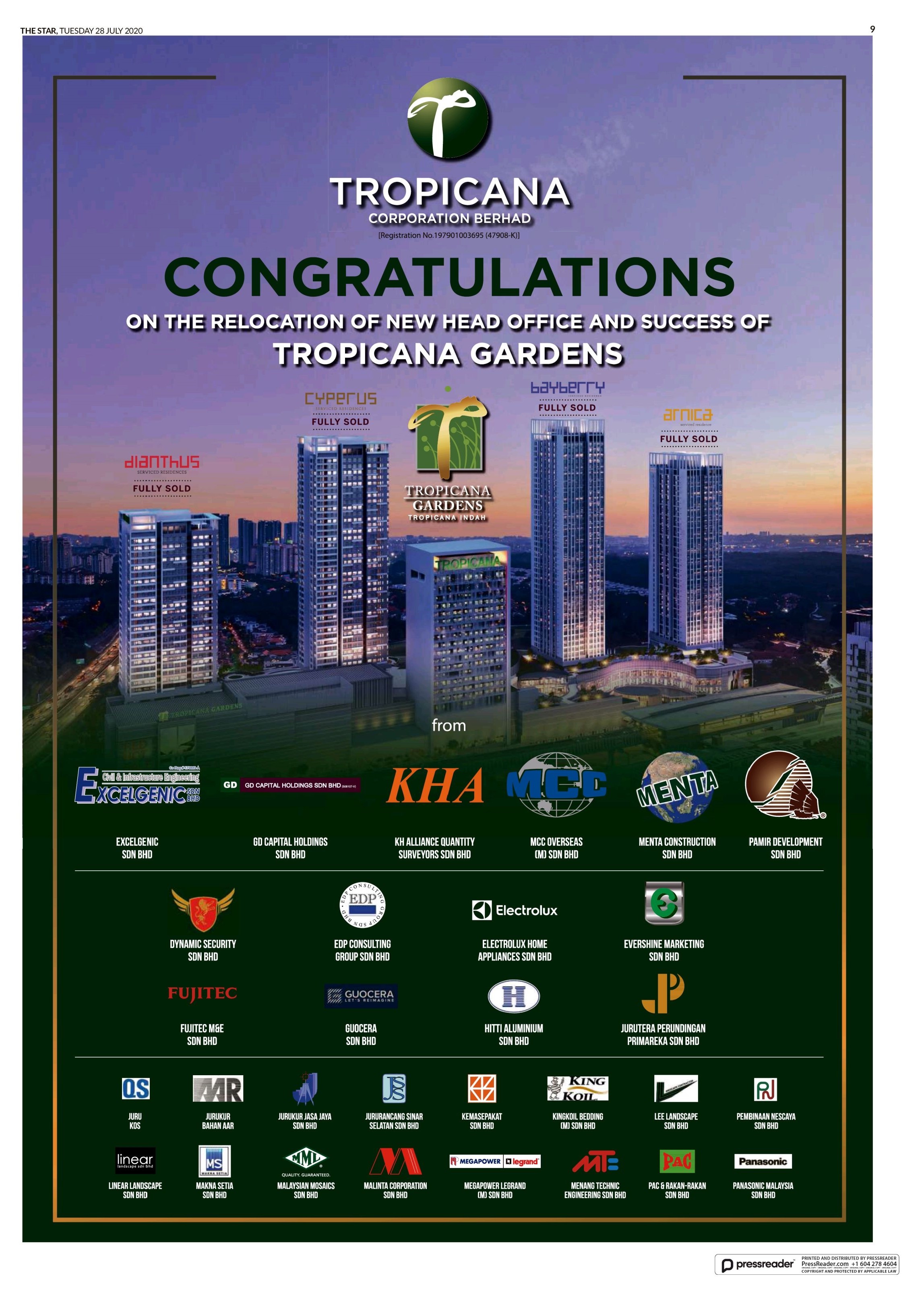 Congratulations on the Relocation of New Head Office and Success of Tropicana Gardens