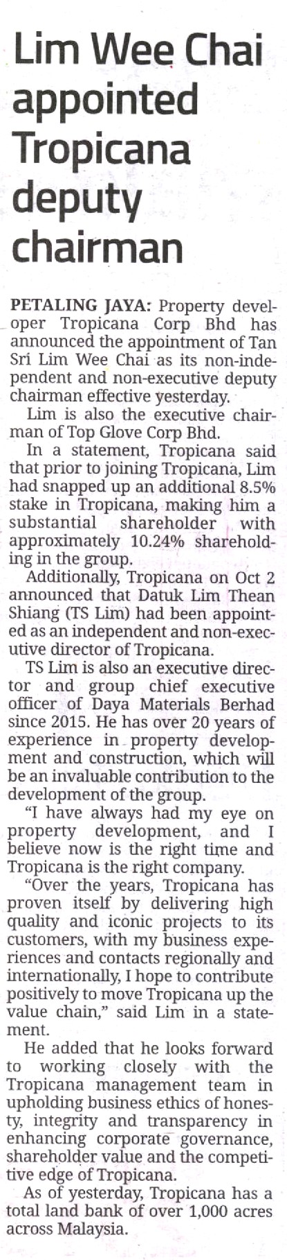 Lim Wee Chai appointed tropicana deputy chairman