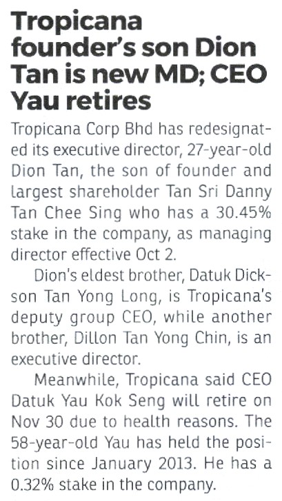 Tropicana founder`s son Dion Tan is new MD CEO Yau retires