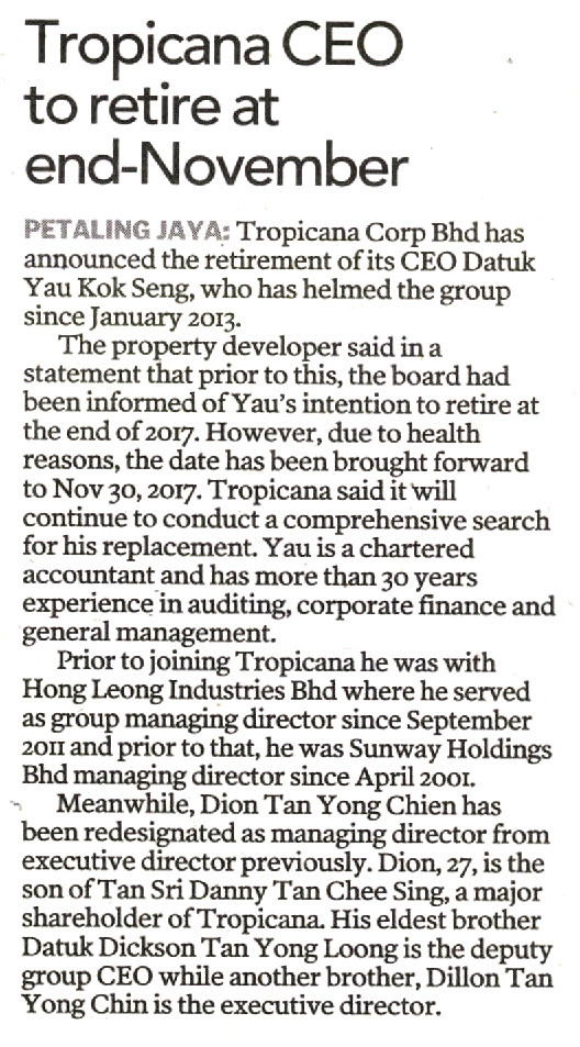 Tropicana CEO to retire at end-November