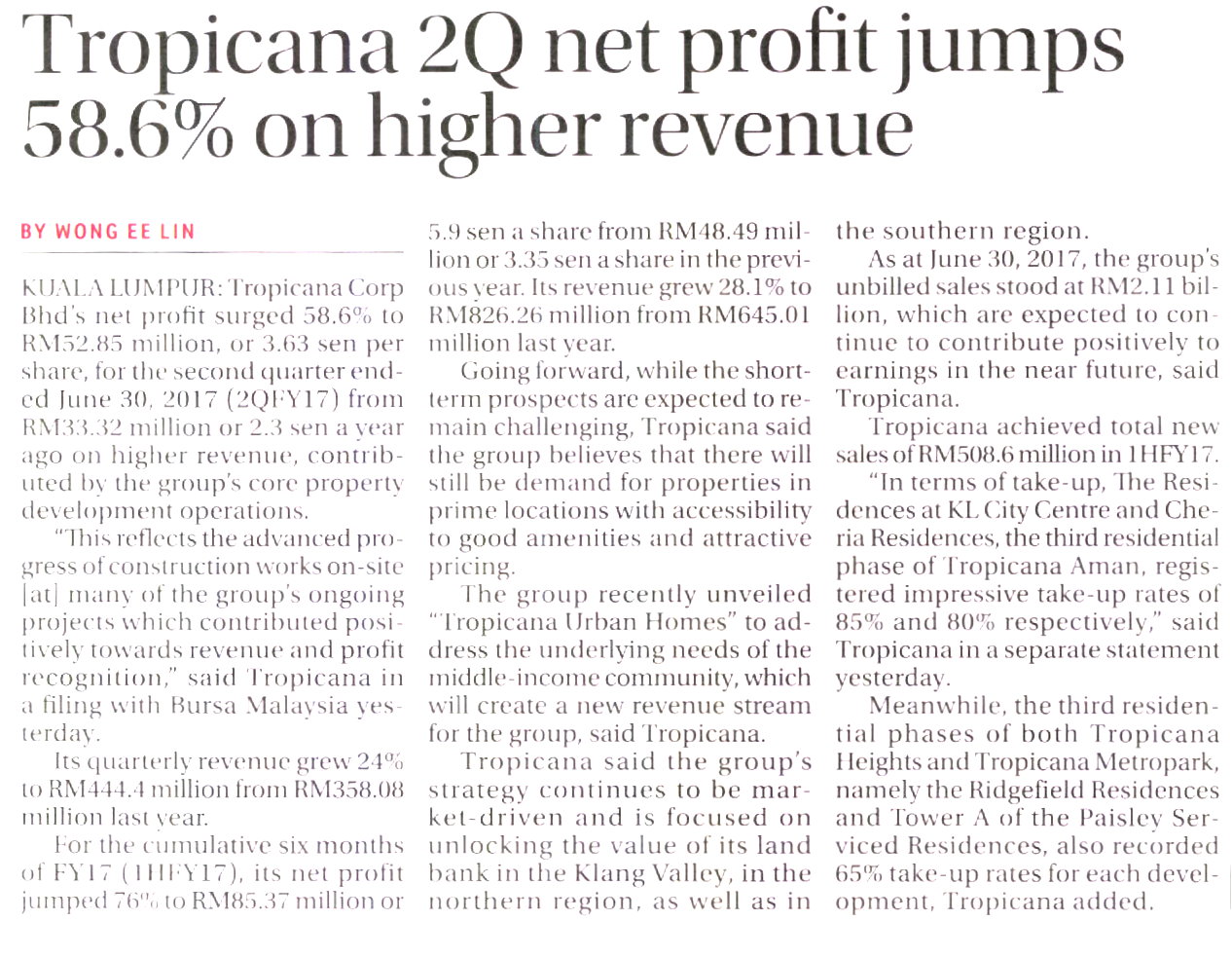 Tropicana 2Q net profit jumps 58.6% on higher revenue