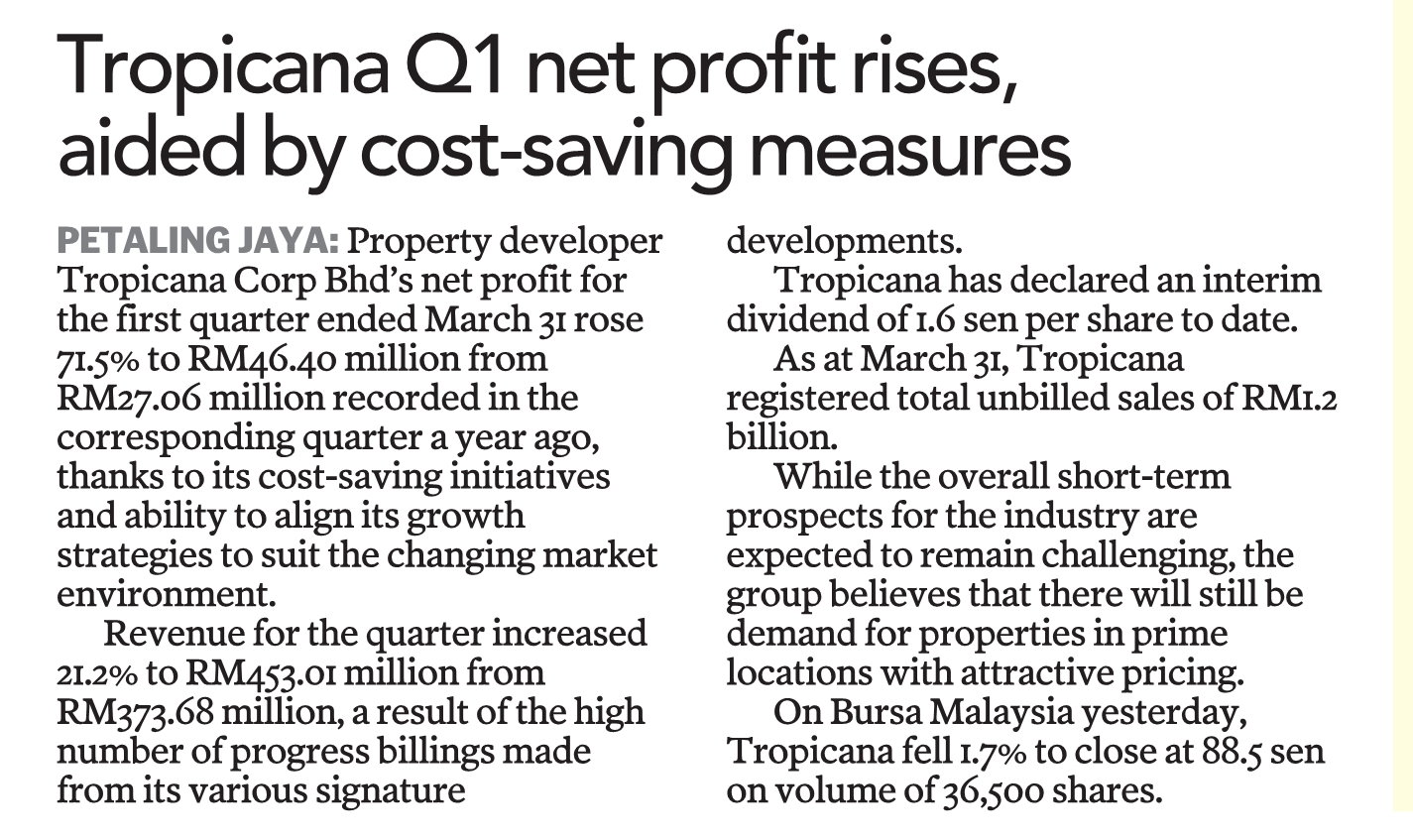 Tropicana Q1 net profit rises, aided by cost-saving measures