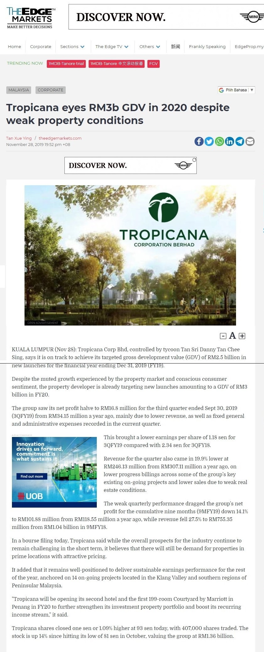 Tropicana eyes RM3b GDV in 2020 despite weak property conditions.