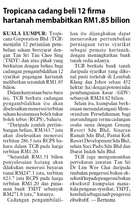 Tropicana proposes to buy 12 real estate firms for RM 1.85bil