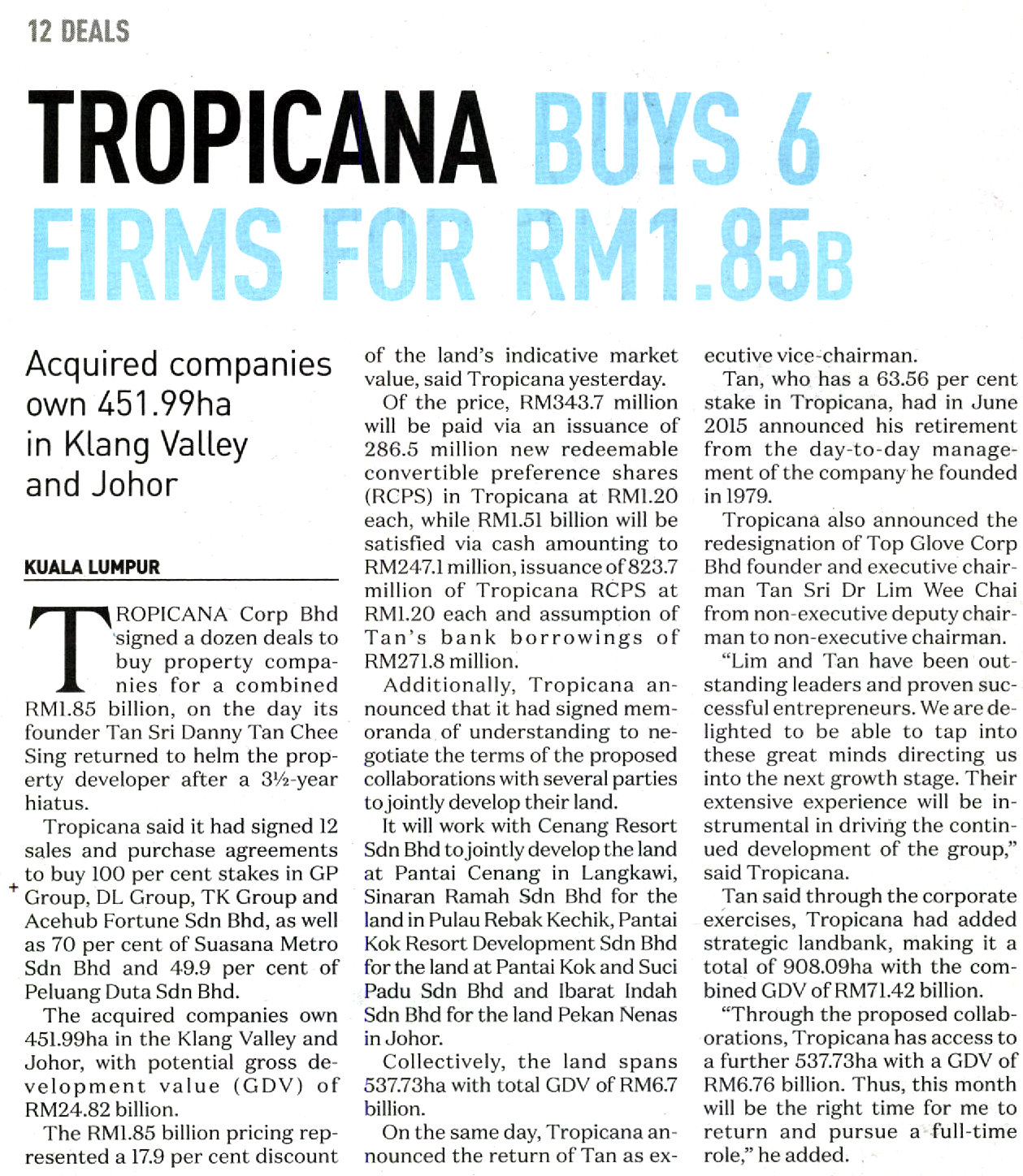 Tropicana Buys 6 Firms For RM1.85b