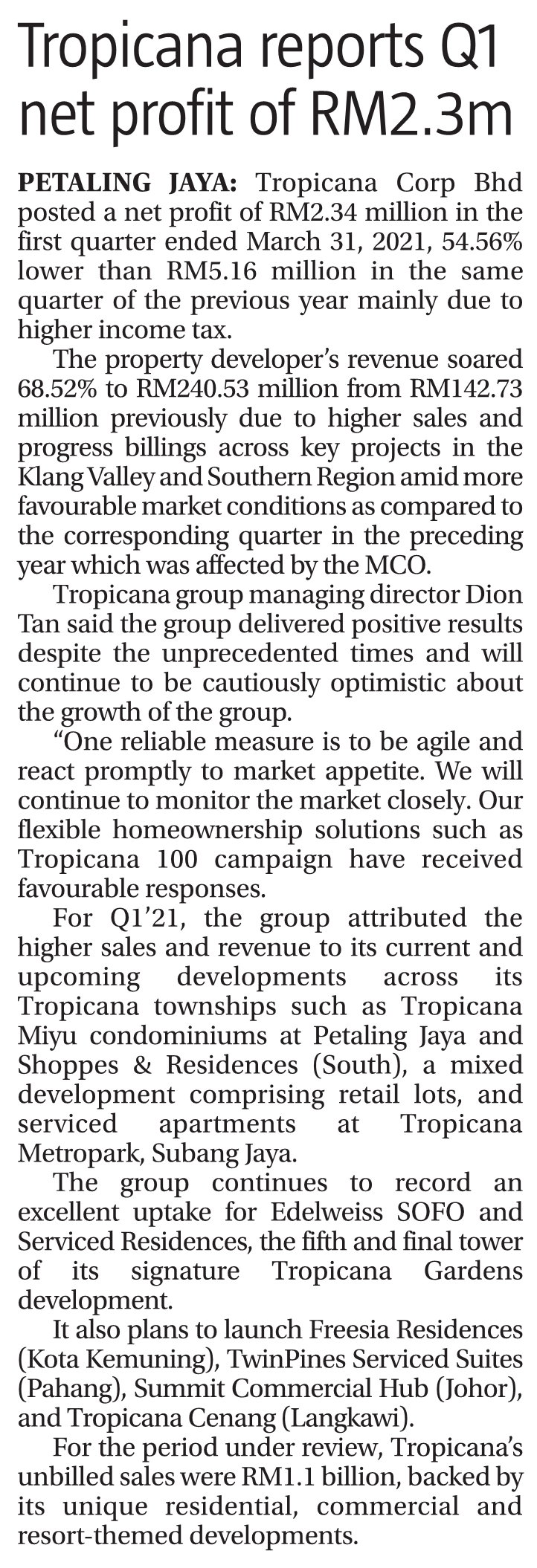 2021-05-20 The Sun - Tropicana Reports Q1 Net Profit of RM2.3m