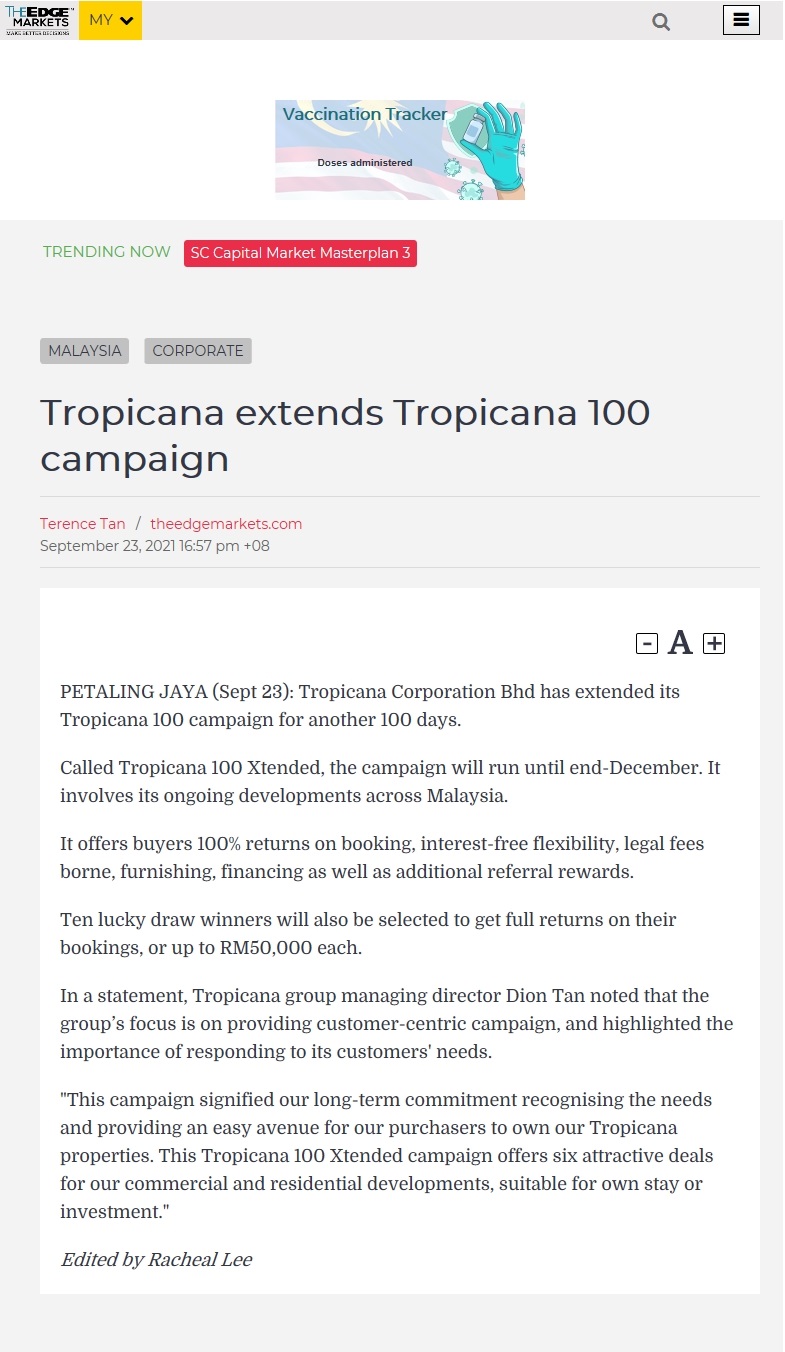 2021-9-24 TheEdgeMarkets - Tropicana Extends Tropicana 100 Campaign