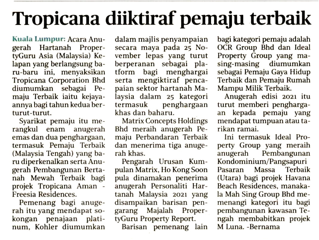 2021-11-30 Harian Metro - Tropicana Diiktiraf Pemaju Terbaik