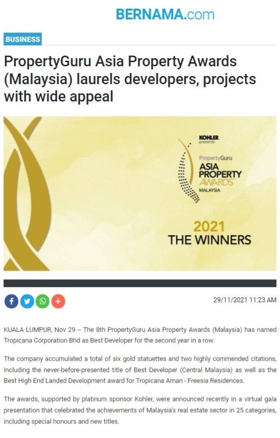 2021-11-29 Bernama - PropertyGuru Asia Property Awards (Malaysia) Laurels Developers, Projects with Wide Appeal