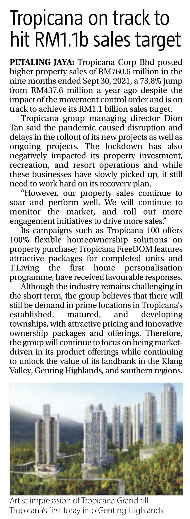 2021-12-03 The Sun - Tropicana On Track to Hit RM1.1b Sales Target