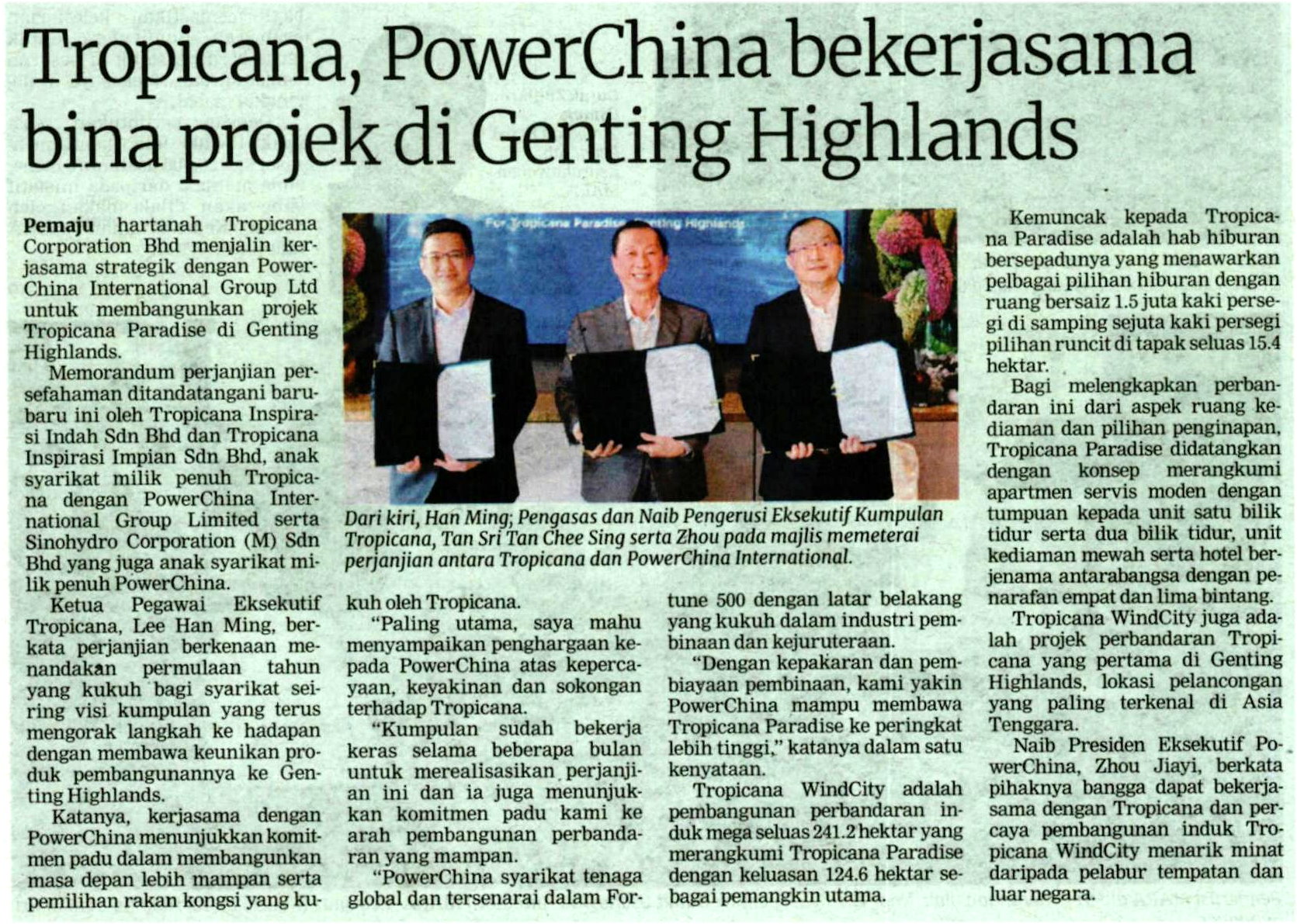 2022-02-14 Berita Harian - Tropicana, PowerChina Bekerjasama Bina Projek Di Genting Highlands