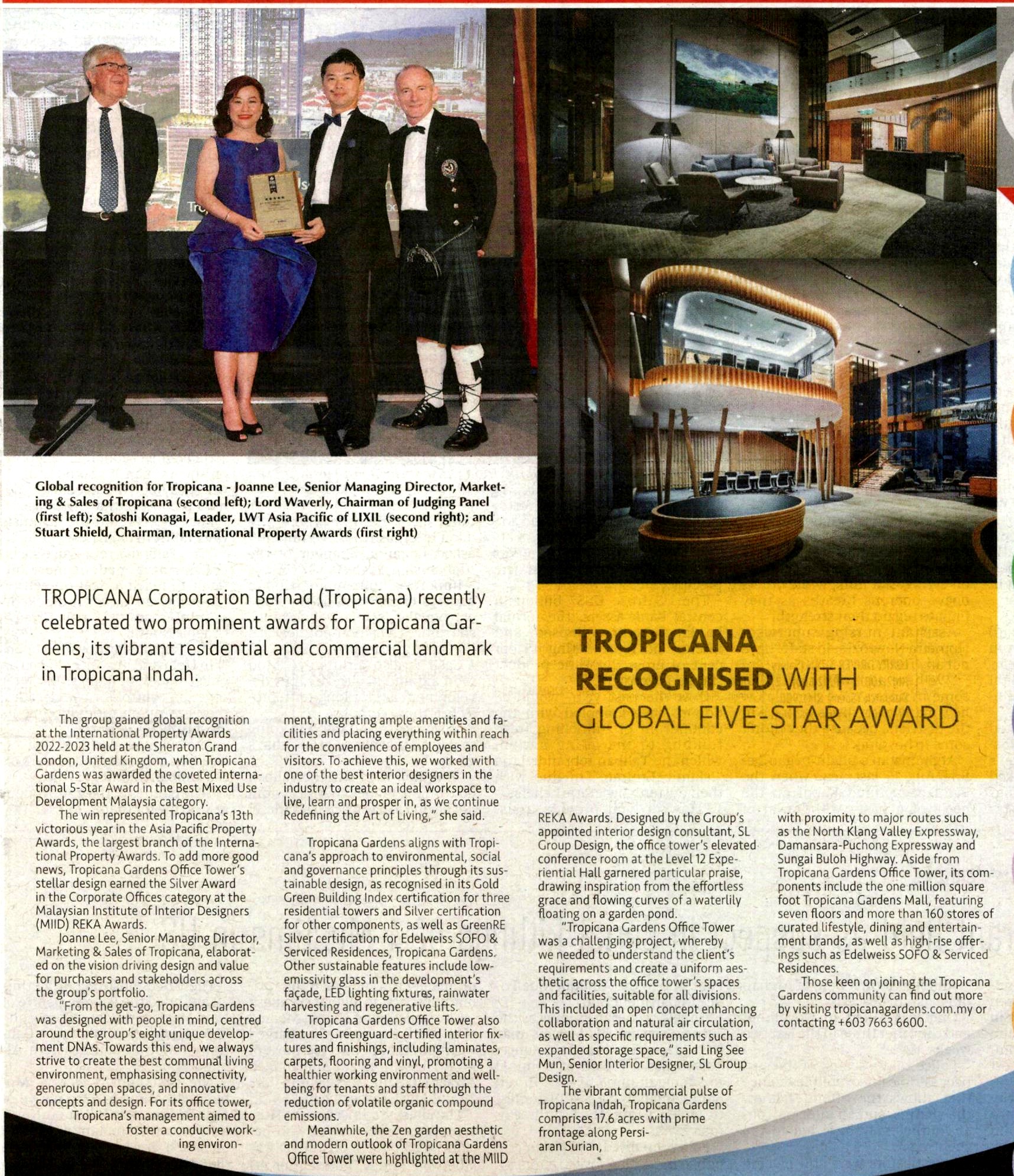 2022-08-11 New Straits Times - Tropicana Recognised With Global Five-Star Award