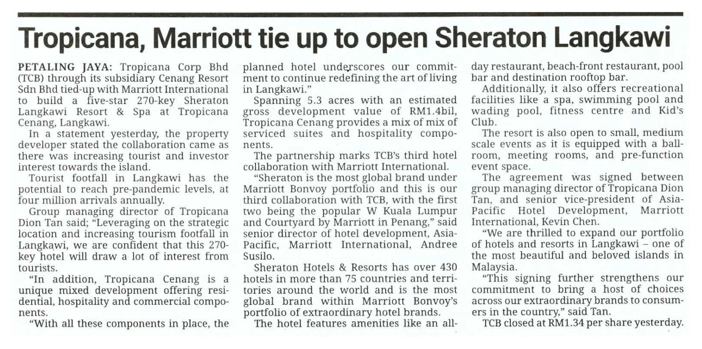 2022-10-07 The Star - Tropicana, Marriott Tie Up to Open Sheraton Langkawi