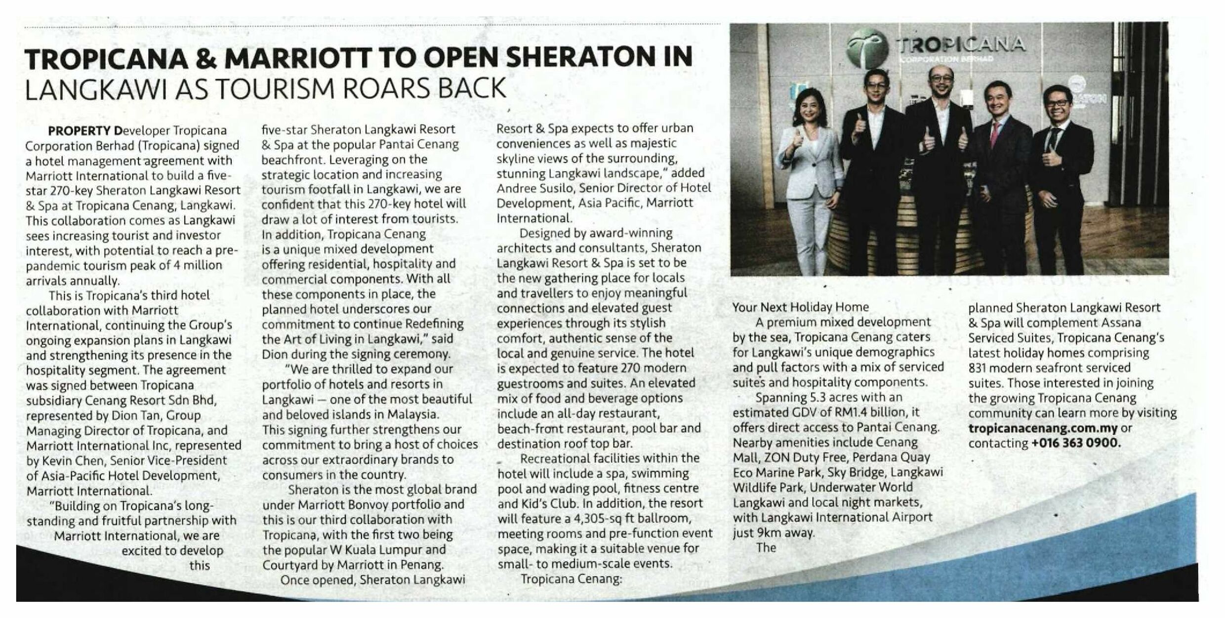 2022-10-16 New Straits Times - Tropicana and Marriott to Open Sheraton in Langkawi as Tourism Roars Back