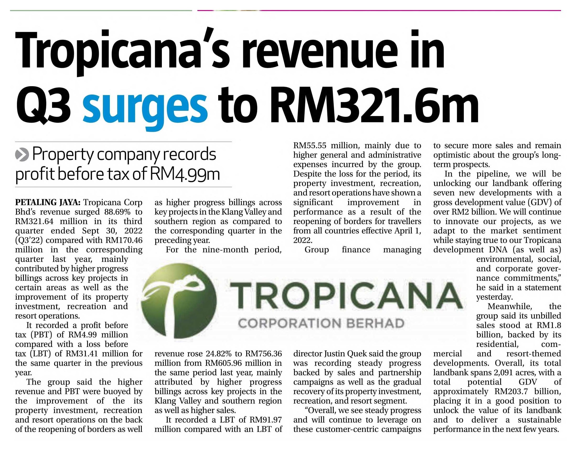 2022-11-25 The Sun - Tropicana's Revenue in Q3 Surges to RM321.6m