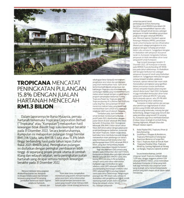 2023-03-15 Berita Harian - Tropicana Mencatat Peningkatan Pulangan 15.8% Dengan Jualan Hartanah Mencecah RM1.3 Bilion