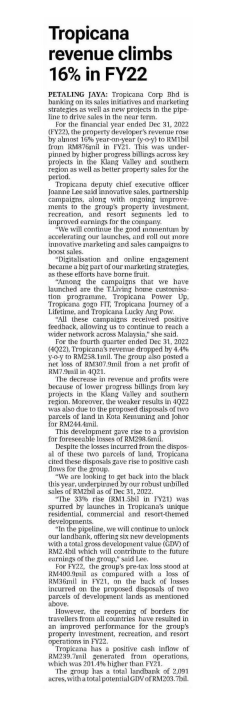 2023-03-01 The Star - Tropicana Revenue Climbs 16% in FY22