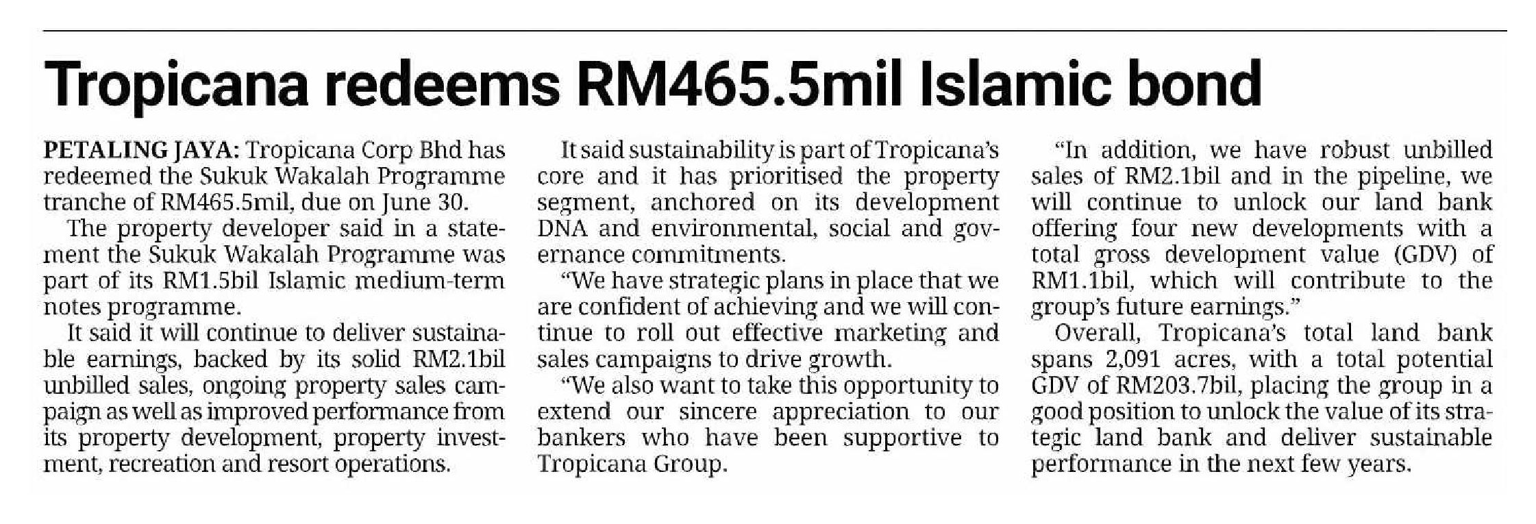 2023-07-04 The Star - Tropicana Redeems RM465.5mil Islamic Bond