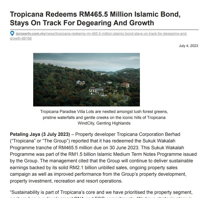 2023-07-04 iProperty Online - Tropicana Redeems RM 465.5 Million Islamic Bond, Stays On Track For Degearing And Growth