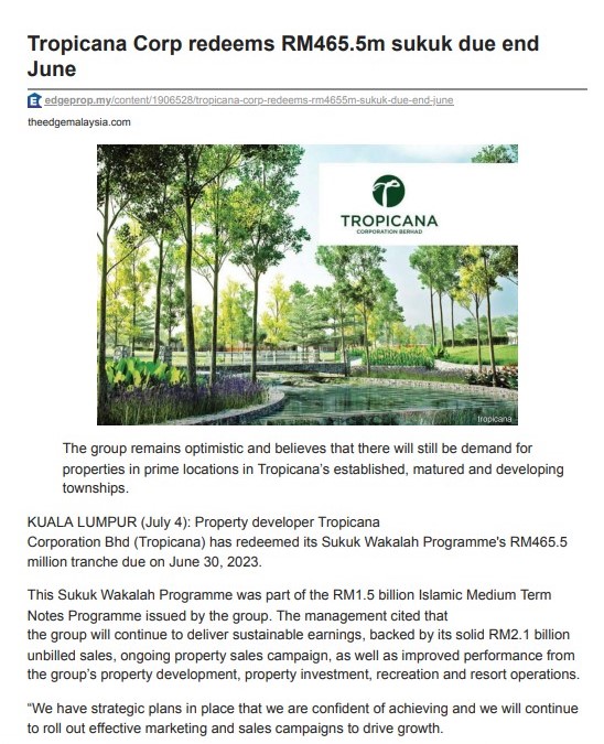 2023-07-04 Tropicana Corp Redeems RM4655m Sukuk Due End June