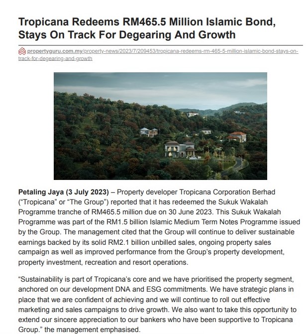 2023-07-04 Property Guru Online - Tropicana Redeems RM 465.5 Million Islamic Bond, Stays On Track For Degearing And Growth