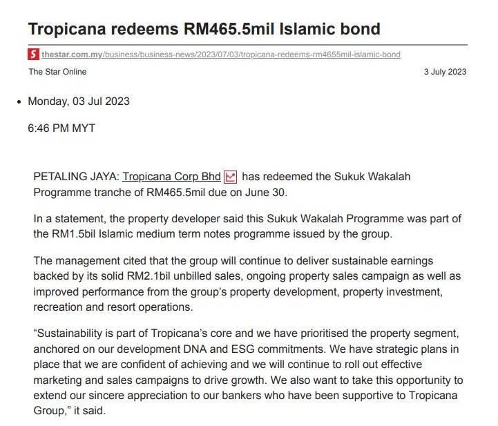 2023-07-03 The Star Online - Tropicana Redeems RM465.5mil Islamic Bond