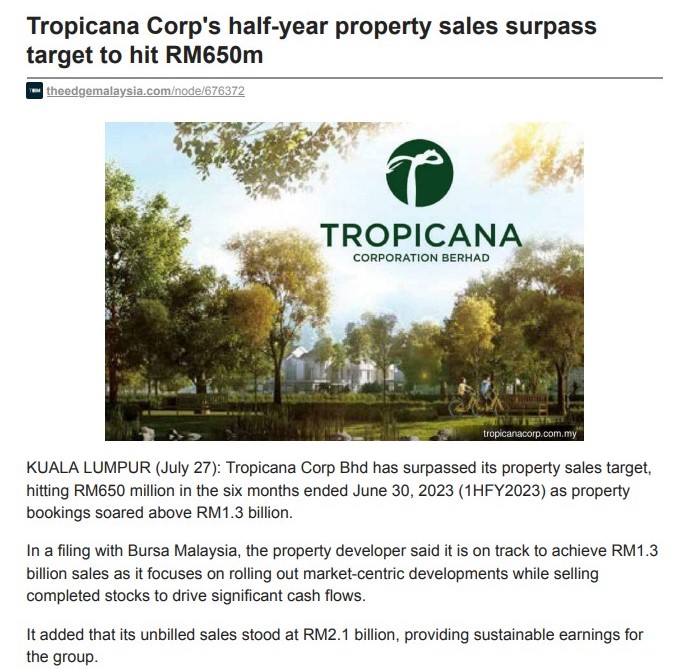 2023-07-27 The Edge Online - Tropicana Corp's Half-Year Property Sales Surpass Target to Hit RM650m