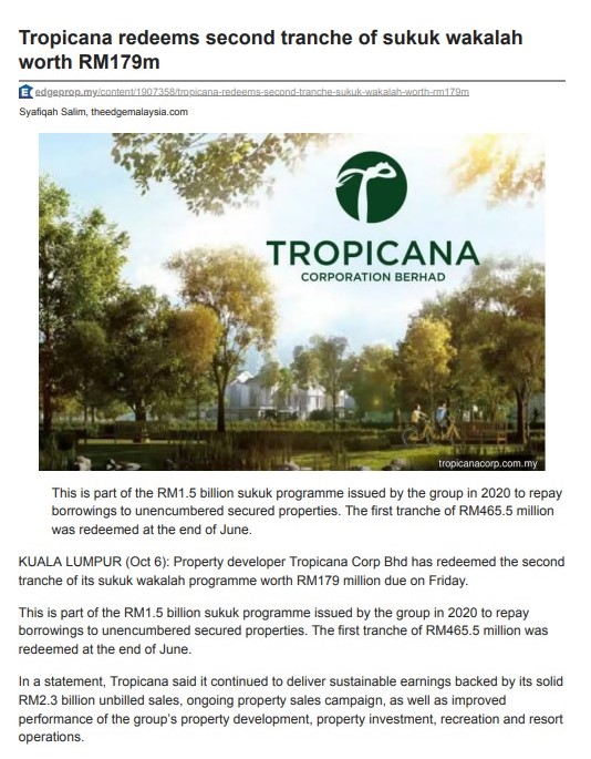 2023-10-06 EdgeProp Online - Tropicana redeems second tranche of sukuk wakalah worth RM179m