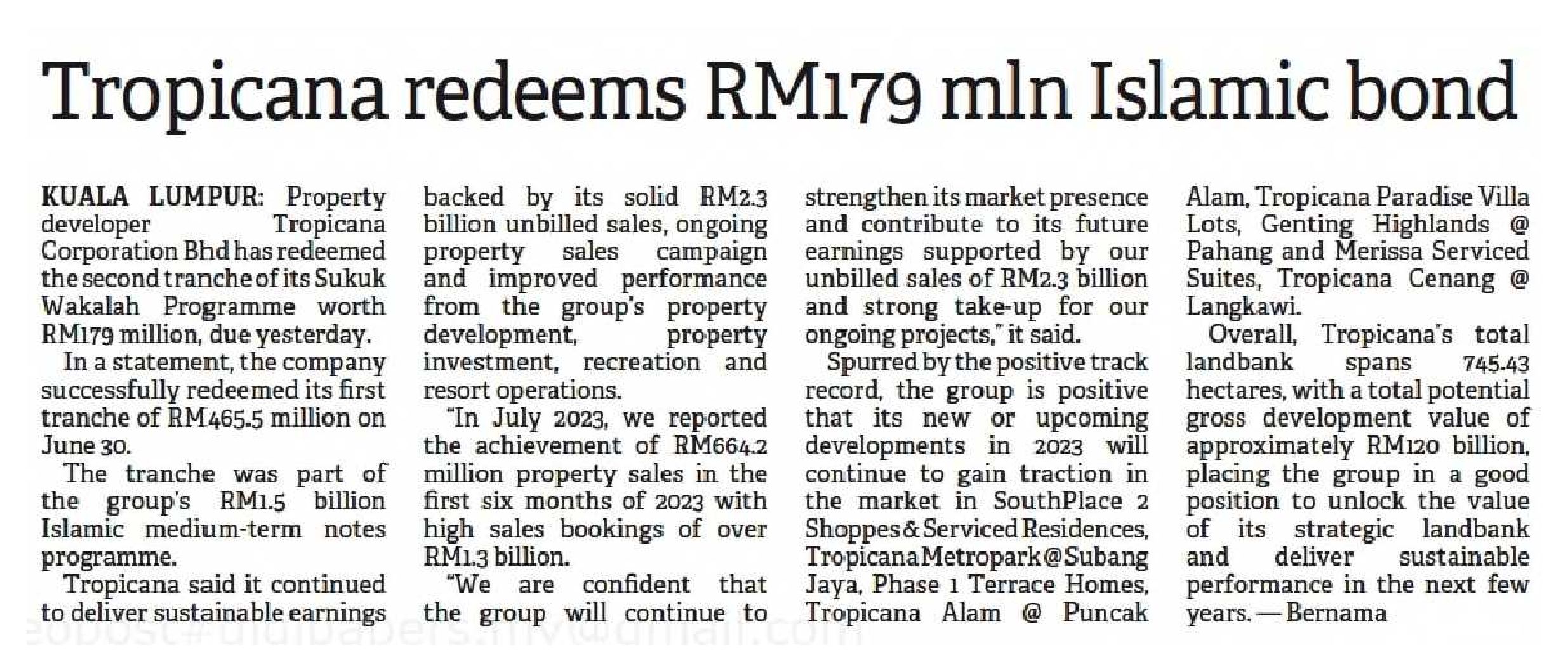 2023-10-07 The Borneo Post Sabah - Tropicana redeems RM179 mln Islamic bond