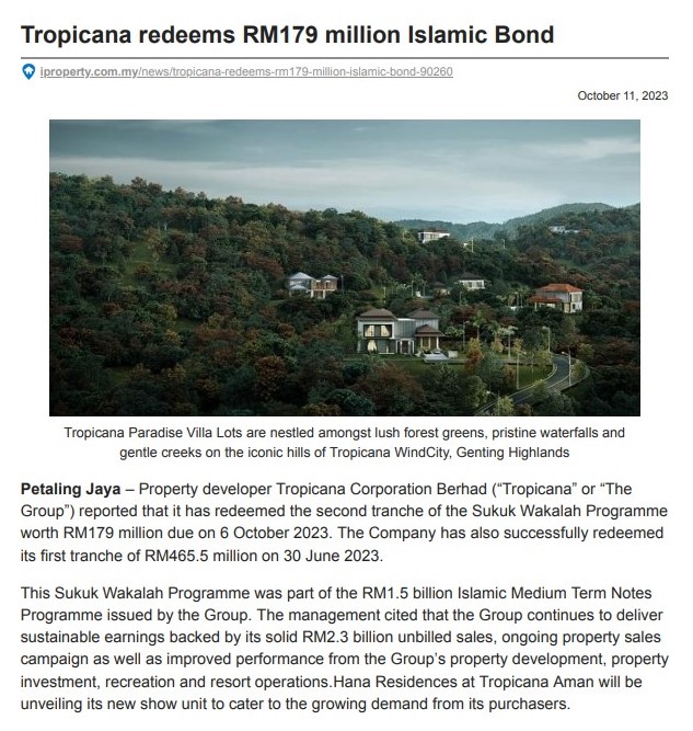 2023-10-11 iProperty Online - Tropicana redeems RM179 million Islamic Bond