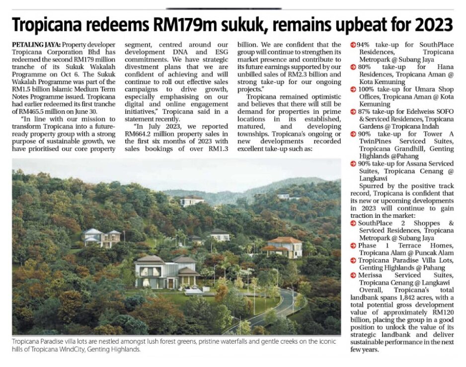 2023-10-12 The Sun - Tropicana redeems RM179m sukuk, remains upbeat for 2023