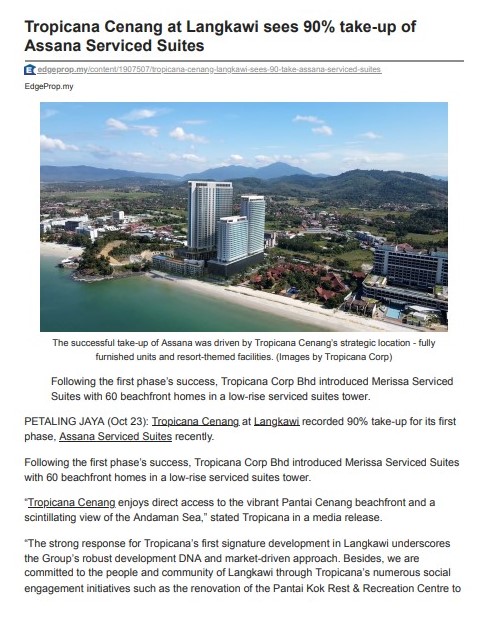 2023-10-23 EdgeProp Online - Tropicana Cenang at Langkawi sees 90% take-up of Assana Serviced Suites