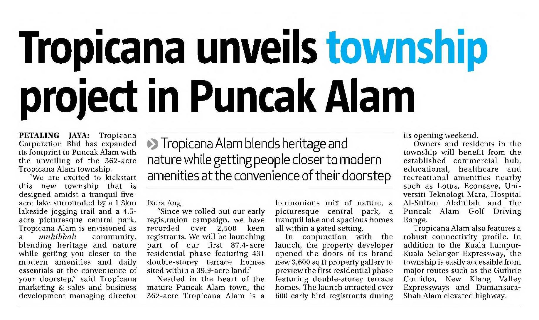 2023-11-09 The Sun - Tropicana unveils township project in Puncak Alam