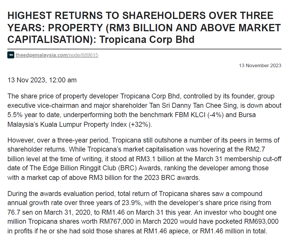 2023-11-13 The Edge Online - HIGHEST RETURNS TO SHAREHOLDERS OVER THREE YEARS: PROPERTY (RM3 BILLION AND ABOVE MARKET CAPITALISATION): Tropicana Corp Bhd - Leveraging sales initiatives, marke