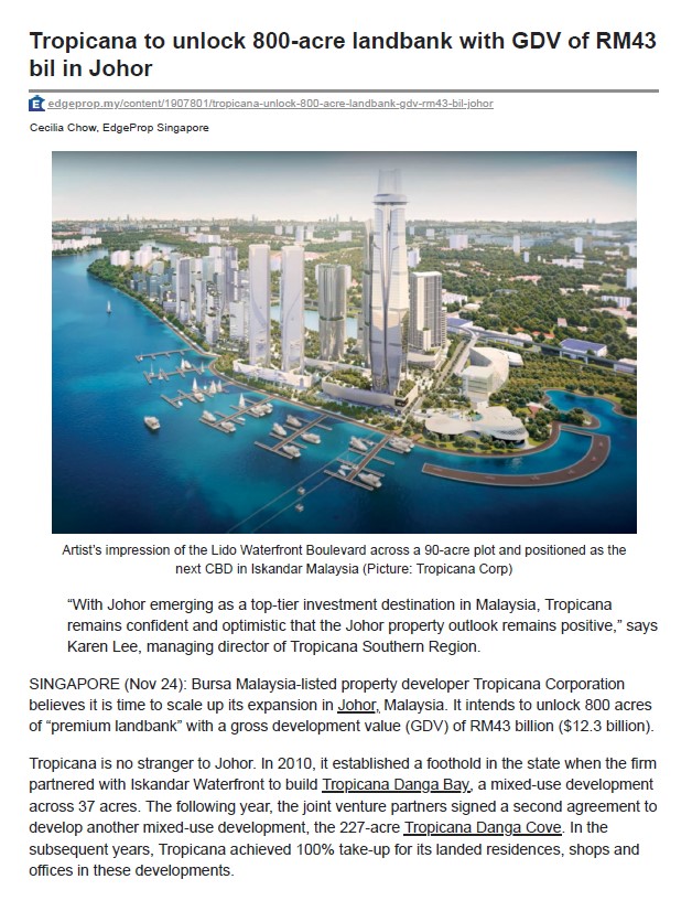 2023-11-24 EdgeProp Singapore Online - Tropicana to unlock 800-acre landbank with GDV of RM43 bil in Joh