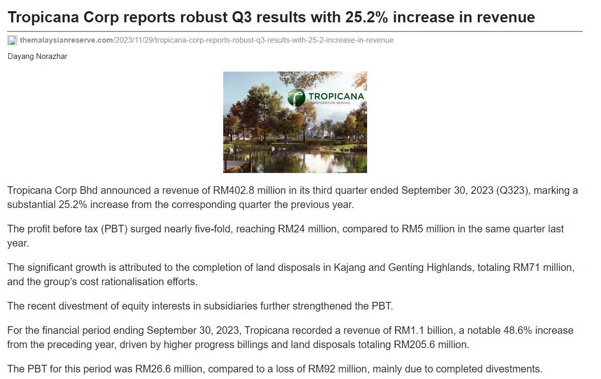 2023-11-29 The Malaysia Reserved Online - Tropicana Corp reports robust Q3 results with 25.2% increase in revenue