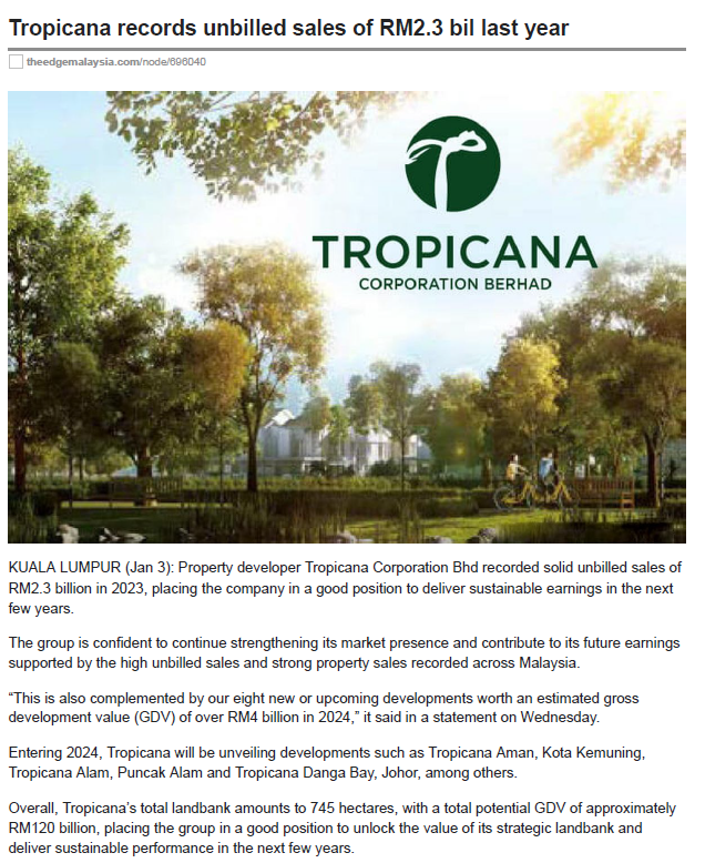 2024-01-03 The Edge Online - Tropicana records unbilled sales of RM2.3 bil last year