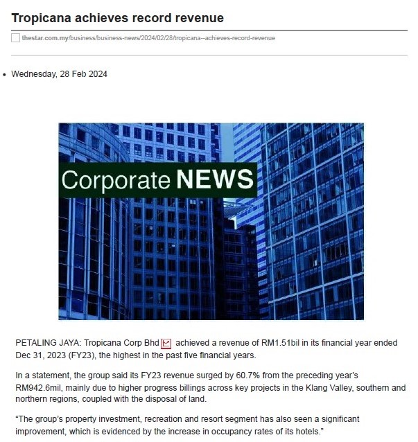 2024-02-28 The Star Online - Tropicana achieves record revenue