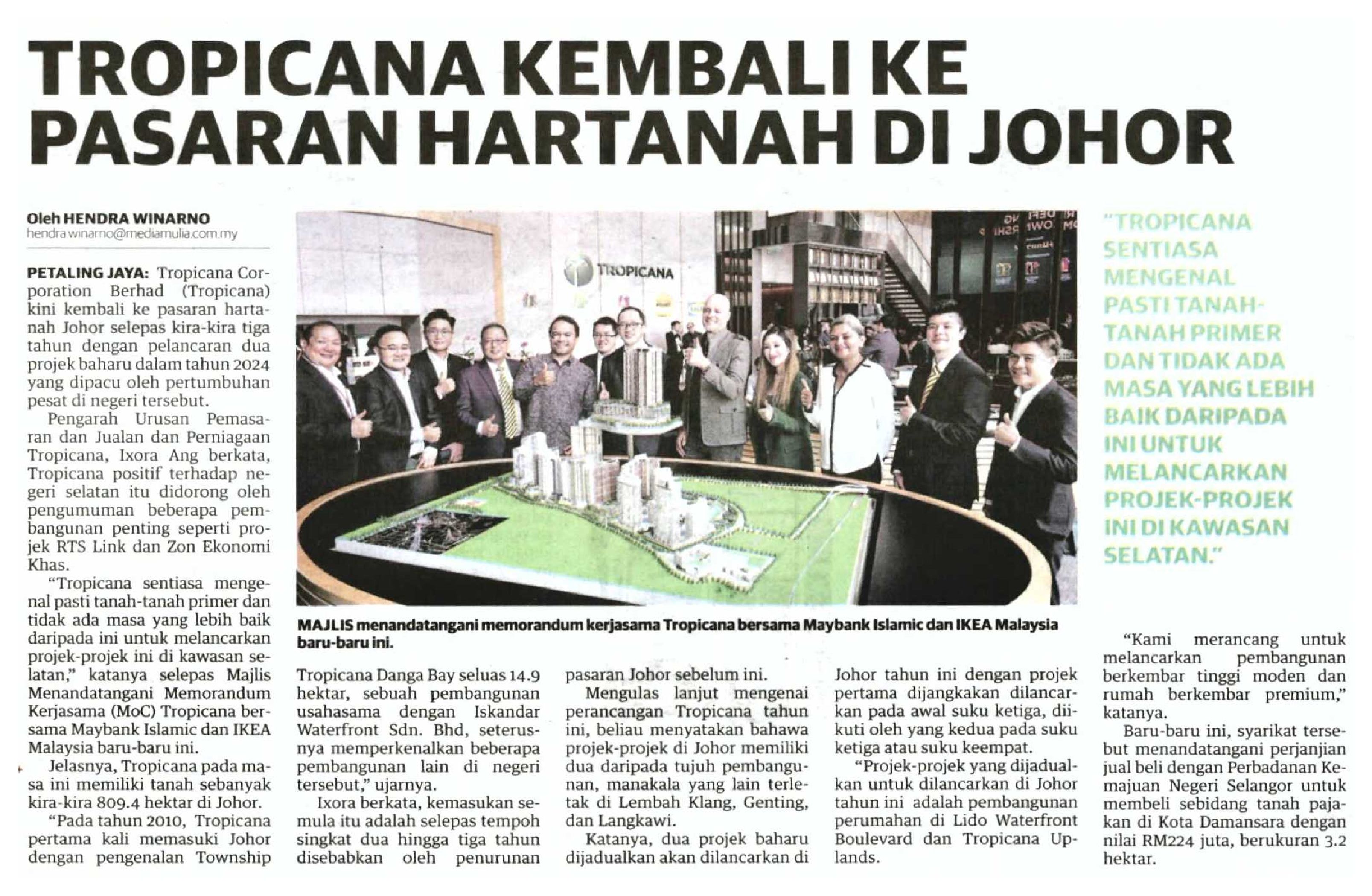 2024-04-29 Utusan Malaysia - Tropicana kembali ke pasaran hartanah di Johor