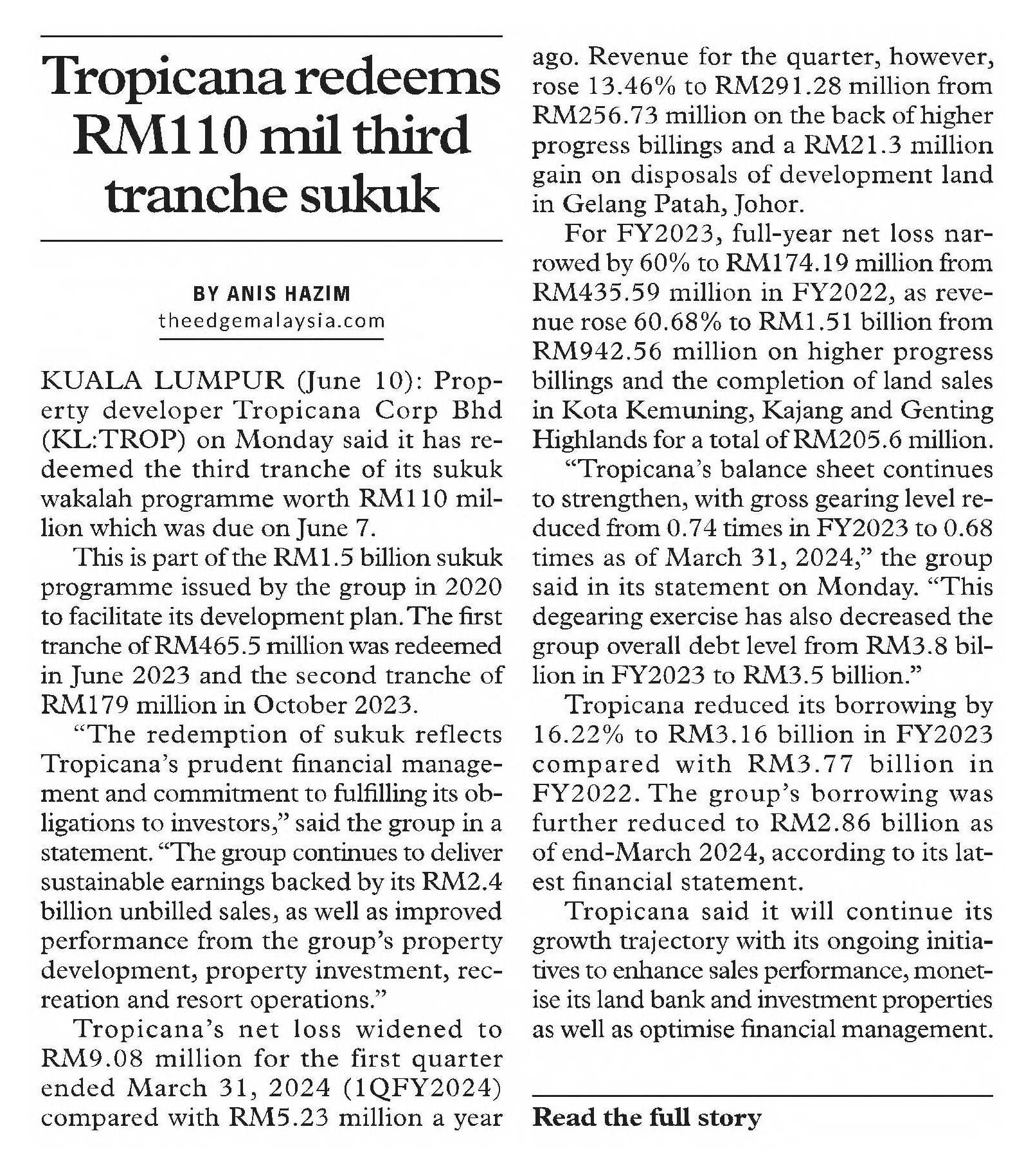 2024-06-11 The Edge CEO Morning Brief - Tropicana redeems RM110m third tranche sukuk