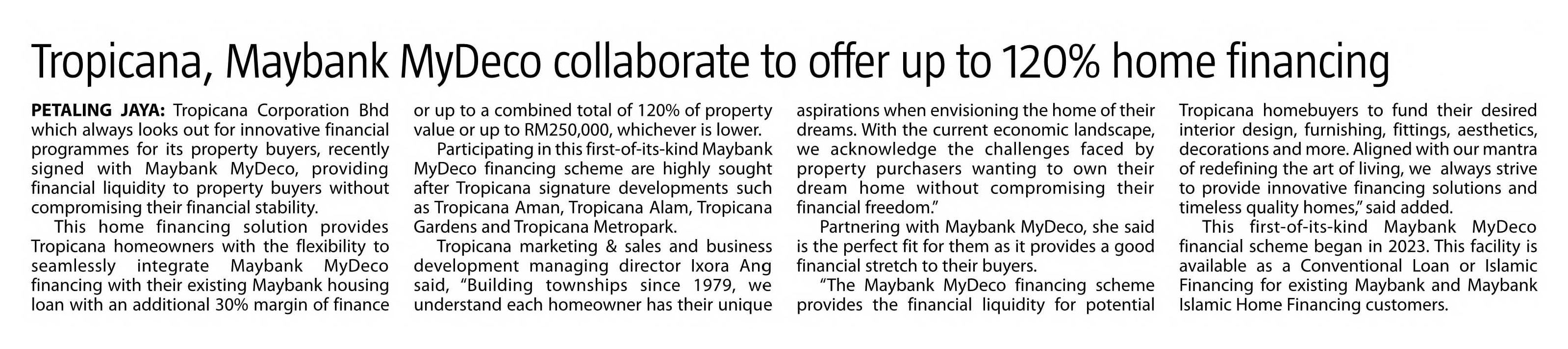 2024-07-11 The Sun - Tropicana, Maybank MyDeco collaborate to offer up to 120% home financing