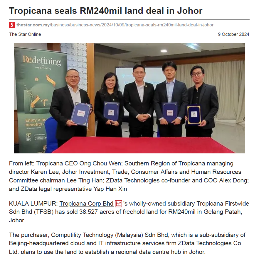 2024-10-09 The Star Online - Tropicana seals RM240mil land deal in Johor