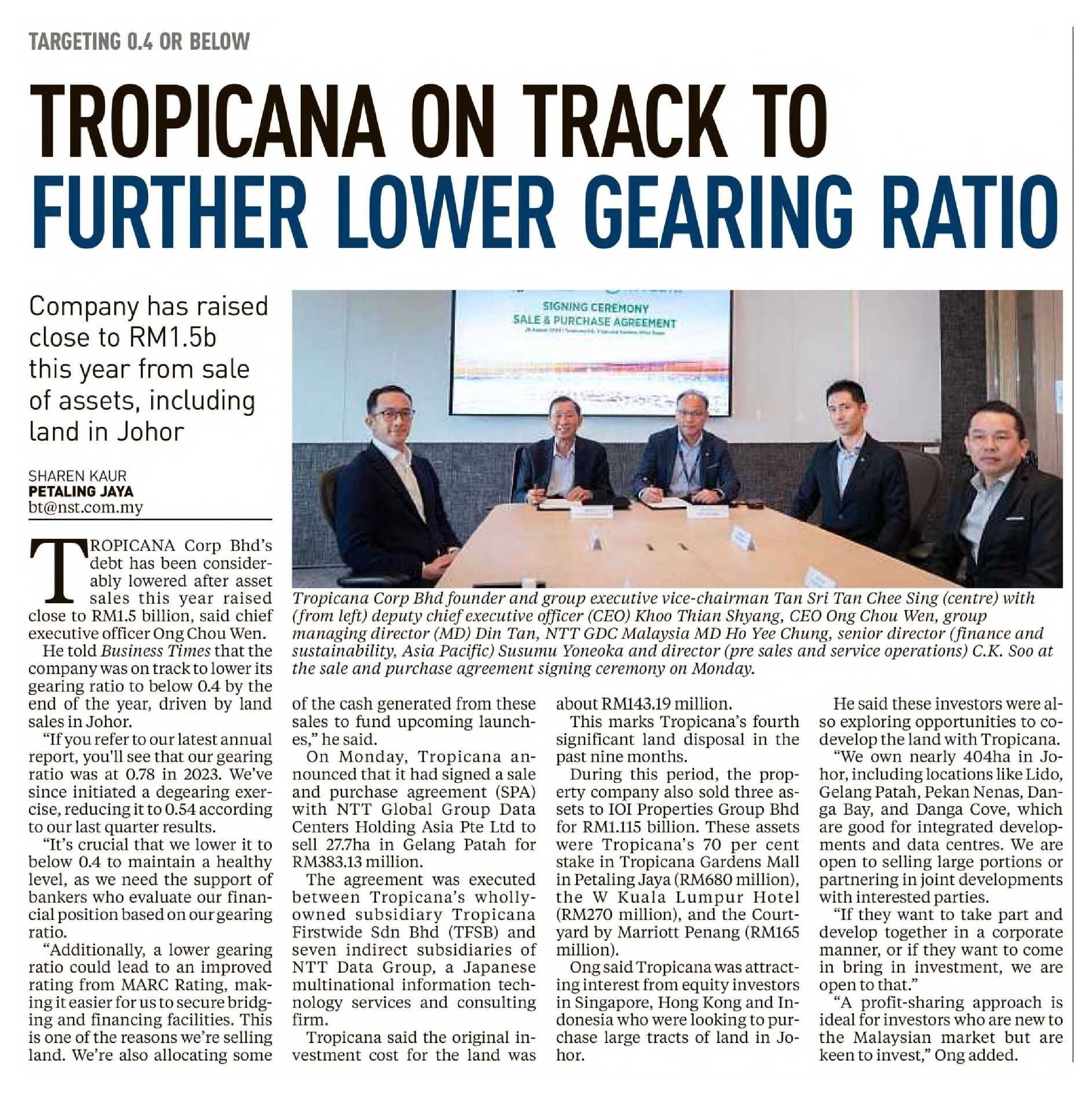 2024-08-28 New Straits Times - Tropicana on track to further lower gearing ratio